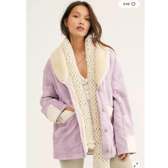We the Free Woodlands Plaid Jacket Coat Oversized Sherpa Lined Lavender XS Boho - Picture 1 of 16